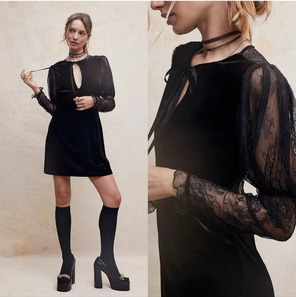 Free People Midnight Hour Black Lace Velvet Mini Dress Size S - Picture 1 of 9